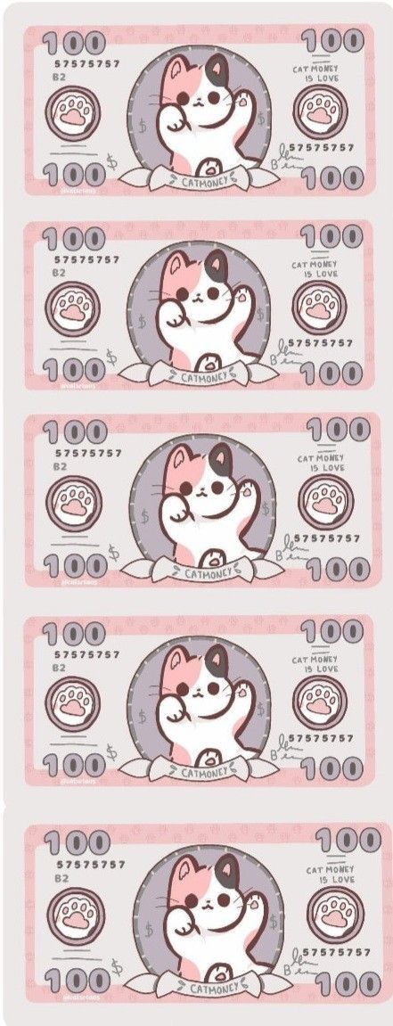 ♡cat money♡ Kawaii Money Printable, Cat Dollar Bill, Money Cat Wallpaper, Cat Money Aesthetic, Cat Money Drawing, Paper Duck Money, Hello Kitty Money Printable, Money Drawing Aesthetic, Kuromi Money