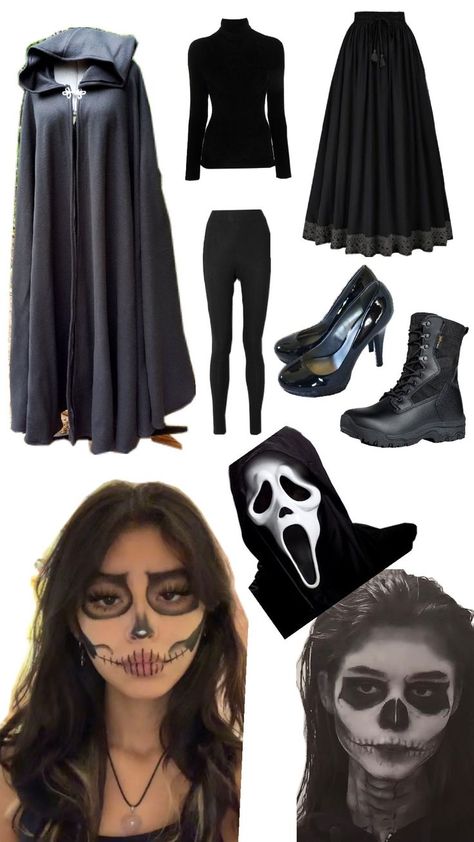 Grim reaper/Scream costume I find them to be similar so just one post for both.The goal for it was to be comfy, simple, easy, and not to expensive you can probably find a pair of leggings and a long sleeve shirt or just a regular t-shirt simple easy maybe a cloak form an old costume black shoes (whatever you want) and black eyeshadow for the makeup white foundation if you wanna go the extra mile. Anyway this got to long happy Halloween you get the point. 😅🎃 Grim Reaper Makeup, Scream Halloween Costume, All Black Halloween Costume, Costume Simple, Scream Costume, Grim Reaper Costume, White Foundation, Old Costume, Reaper Costume