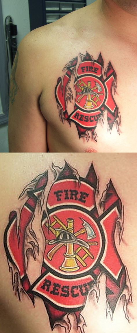 Firefighter Maltese Skin Tear Tattoo. I'd never get it but its pretty cool Firefighter Paramedic Tattoo, Firemen Tattoo Ideas, Fire Rescue Tattoo, Firefighter Tattoo Ideas, Tear Tattoo, Fireman Tattoo, Skin Tear Tattoo, Emt Training, Core Tattoo