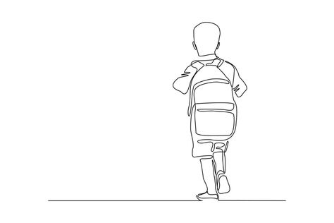 Continuous line drawing of little boy man walking on the street. Concept of student person with bag go to school. Vector illustration Going To School Drawing, Going To School Illustration, Road Drawing, School Lines, Walking On The Street, School Vector, Architecture Drawing Presentation, Kids Going To School, Bag Illustration