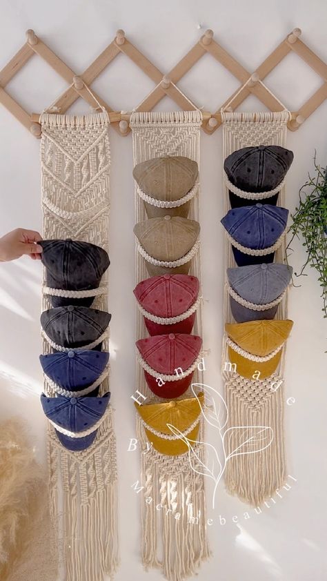 Emma Yang | Say goodbye to messy cap storage with our new macrame cap hanger design! 😍🧢 We’re so excited to offer it in our Etsy store, and for a… | Instagram Macrame Unique Ideas, Cap Storage, Cute Macrame, Cap Holder, Hat Hanger, Hat Holder, Hat Display, Hanger Design, Hat Storage