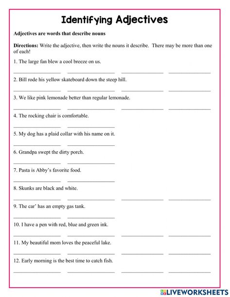 Identifying Adjectives Worksheet, Adjective Of Quantity Worksheet, Kinds Of Adjectives, Adjective Worksheet, English Grammar Worksheets, Grammar Worksheets, Pink Lemonade, English Grammar, 1st Grade