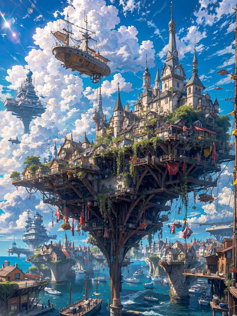 Mythical World Aesthetic, Dnd Town Art, Floating City Concept Art, World Building Art, Sky Kingdom, Fantasy Place, Anime Flower, Sky City, Soyut Sanat Tabloları