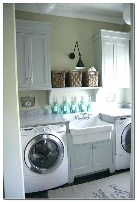 Sink Between Washer And Dryer, Laundry Room Ideas With Sink, Between Washer And Dryer, Laundry Room Bathroom Combo, Cottage Laundry Room, Laundy Room, Laundry Room Storage Shelves, Ranch Ideas, Small Laundry Room Organization