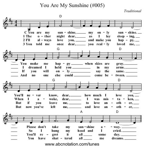 abc | You Are My Sunshine (#005) - trillian.mit.edu/~jc/music/abc/mirror/gulfweb.net:34043/~rlwalker/abc/DicksDulcimerStuff/book001/0007 Easy Sheet Music, Hymn Sheet Music, Hymn Music, Trumpet Music, Clarinet Sheet Music, Clarinet Music, Easy Guitar Songs, Great Song Lyrics, Violin Lessons