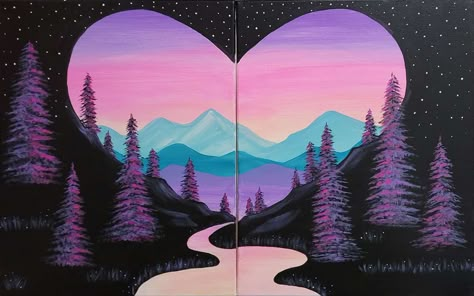 Join us at Pinot's Palette - Naperville on Sat Feb 10, 2024 7:00-9:00PM for River to My Heart (Date Night). Seats are limited, reserve yours today! Diy Couple Canvas Art, Family Paint Night Ideas Easy, Couples Paint Night Ideas, Date Night Painting Ideas Couple, Duo Painting Ideas, Date Night Painting Ideas, Couples Paint Night, Valentines Painting Ideas Canvases, Date Night Painting