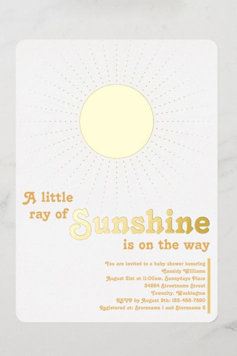 card size 5" x 7" , sun, sunshine, white, gold, A Little Ray Of Sunshine Is On The Way, Jordan Baby Shower, Sunshine Baby Shower Invitations, Fertility Nutrition, Sunshine Baby Shower, Sunshine Baby Showers, Baby Shower Invitation Cards, Ray Of Sunshine, Foil Invitations