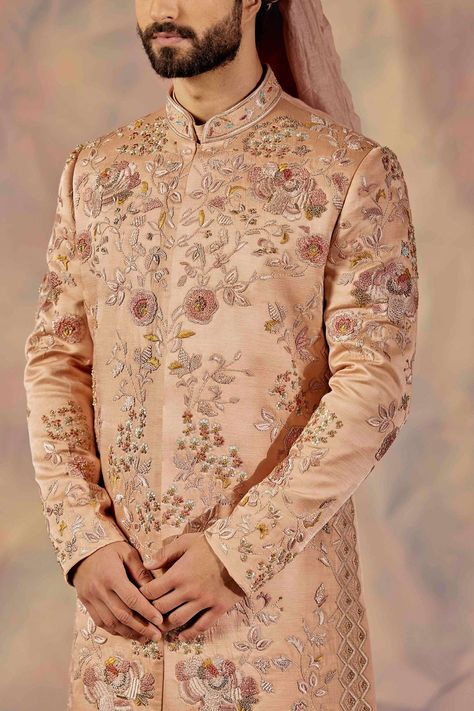 Buy Jatin Malik Peach Linen Silk Embroidered Sherwani Set Online | Aza Fashions Jatin Malik, Wedding Lehenga Designs, Haldi Ceremony, Royal Look, Hand Work Embroidery, Color Champagne, Indian Wedding Outfits, Kurta Designs, Churidar