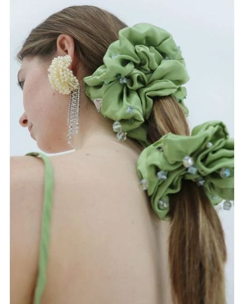 Aethera Etoiles Crystals Embellished Oversized Silk Scrunchie in Green | Lyst Beaded Scrunchie, Oversized Scrunchie, Midnight Sky, Bespoke Tailoring, The Midnight, Crown Jewels, Short Waist, Clothing Size Chart, Womens Clothing Sizes