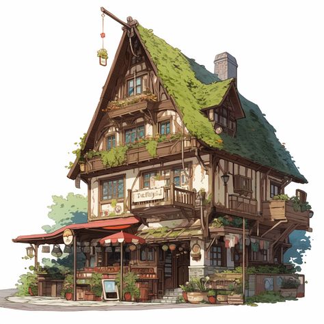 Fantasy Buildings Concept Art, Fantasy Architecture Concept Art, Fantasy House Concept Art, Steampunk Building, Environment Painting, Fantasy Shop, Building Illustration, Medieval Houses, Building Concept