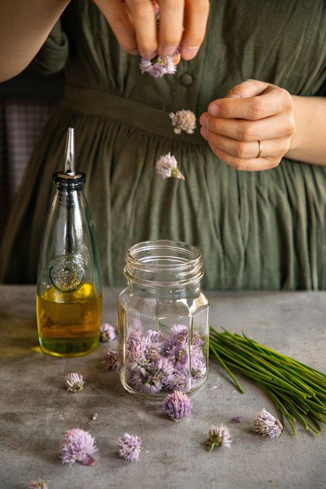 Chive Blossom Infused Olive Oil Chive Flower Infused Oil, Flower Infused Oil, Food Europe, Chive Flower, Infused Vinegars, Chive Blossom, Rose Recipes, Garlic Chives, Infused Olive Oil