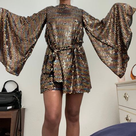 Sequin Shift Dress Long Sleeve, Dorinda Medley, Sequin Belt, Multicolor Sequins, Dress With Bell Sleeves, Little Shop Of Horrors, Caroline Constas, Flare Sleeve Dress, Long Sleeve Shift Dress