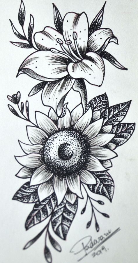 Sunflower Lily Tattoo Design, Sunflowers And Lilies Tattoo, Lilly Sunflower Tattoo, Lily And Sunflower Tattoo Design, Lillies And Sunflowers Tattoo, Lilly And Sunflower Tattoo, Sunflower Lily Tattoo, Lily Sunflower Tattoo, Sunflower And Lily Tattoo