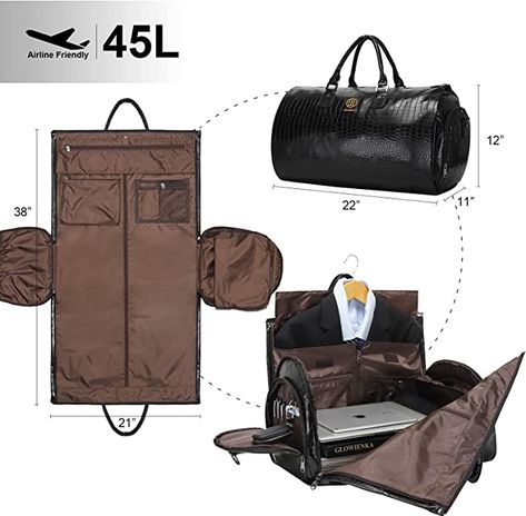 Modoker Convertible Leather Garment Bag, Carry on Garment Bags for Travel Waterproof Garment Duffel Bag Gifts for Men Women Business - 2 in 1 Hanging Suitcase Suit Travel Bags in Black.
Link: https://amzn.to/3CFJYnV Suit Carrier Bag Travel, Big Travel Bag, Garmet Bag, Leather Garment Bag, Travel Essentials Men, Carry On Bag Essentials, Cabin Bag, Suit Bag, Women Business