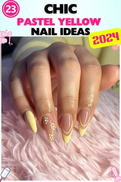 Almond-shaped nails with pastel yellow base, floral accents, gel material, medium length, fresh and vibrant design, ideal for spring and summer, pastel yellow nails, adds a feminine touch. Pastel Yellow Nail Ideas, Pastel Yellow Nails, Yellow Nail Ideas, Yellow Nail Designs, Blue French Tips, Yellow Nails Design, Yellow Nail, Shaped Nails, White French Tip