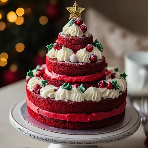 Festive Red Velvet Christmas Tree Cake Recipe Red Velvet Tree Cake, Red Velvet Cake For Christmas, Christmas Tree Cake Recipe, Christmas Red Velvet Cake, Red Velvet Christmas Cake, Red Velvet Christmas Tree, Velvet Birthday Cake, Red Velvet Birthday, Red Velvet Birthday Cake