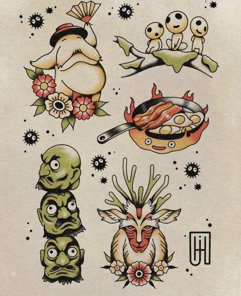 Ghibli Flash Sheet, Studio Ghibli American Traditional Tattoo, Traditional Style Anime Tattoo, American Traditional Studio Ghibli, Traditional Ghibli Tattoo, Anime Filler Tattoo, Studio Gibley Tattoos, Traditional Studio Ghibli Tattoo, Studio Glibly Tattoo