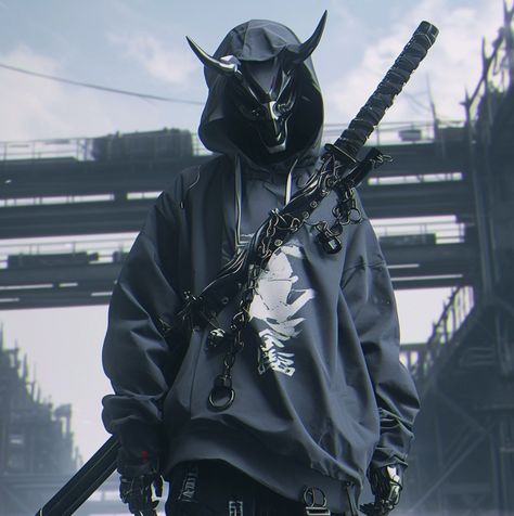 Tech Wear Anime, Techwear Samurai, Cyberpunk Samurai, Techwear Ninja, Techwear Men, Oni Samurai, Futuristic Helmet, Arte Ninja, Bloodborne Art