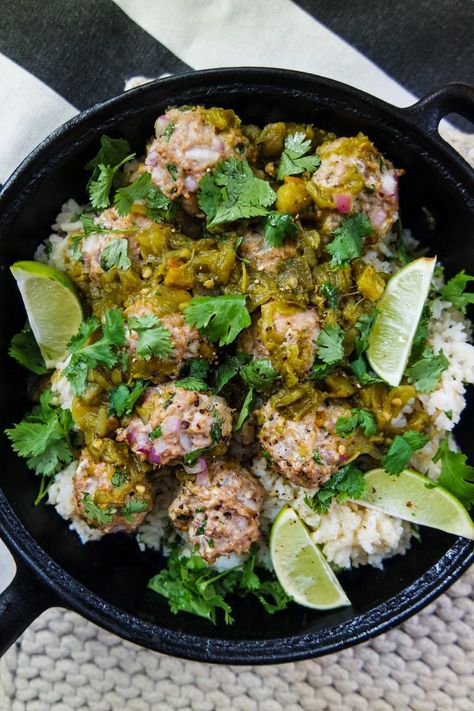 Mexican Meatballs with Cilantro Lime Rice - Rushing to the Kitchen Cilantro Lime Rice Recipe, Mexican Meatballs, Ground Turkey Meatballs, Meatball Dishes, Cilantro Recipes, Meatballs And Rice, Green Chile Sauce, Cilantro Rice, Hatch Green Chile