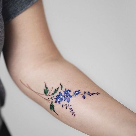 Best Larkspur Tattoo Ideas  1 Delphinium Tattoo, Larkspur Flower Tattoos, July Birth Flower Tattoo, Larkspur Tattoo, Water Lily Tattoos, July Birth Flower, Larkspur Flower, Delphinium Flowers, Birthday Tattoo