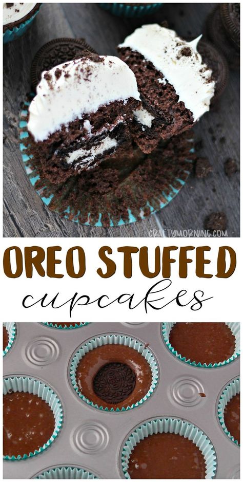 Oreo Cupcake Ideas, Oreo Cookie Cupcakes Recipe, Oreo Chocolate Cupcakes, Oreo Stuffed Cupcakes, How To Make Stuffed Cupcakes, Chocolate Stuffed Cupcakes, Stuffed Cupcakes Recipes, Stuffed Cupcakes Ideas, Oreo Cupcakes Recipe