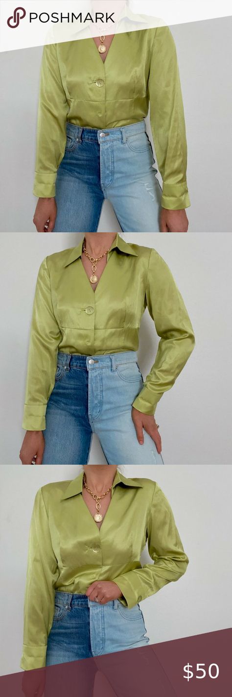 90s Silk Lime Green Blouse Lime Green Blouse Outfit, Green Blouse Outfit, Silk Top Outfit, Silk Blouse Outfit, Silk Shirt Outfit, Lime Green Blouse, Outfit Ideas Dress, Satin Blouse Outfit, Green Silk Shirt