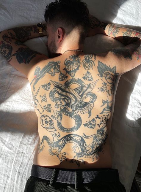 Traditional Tattoo Torso, Traditional Back Piece, Back Piece Tattoo Men, Men Chest Tattoo, Traditional Back Tattoo, Chest Tattoos For Men, Traditional Chest Tattoo, Traditional Tattoo Man, Husband Tattoo