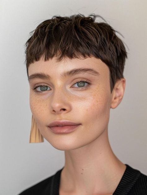 Trending Now: Short Hair with Curtain Bangs - A Stylish Look Editorial Short Hair, Hippie Hairstyles Short Hair, Pixie With Short Bangs, Short Edgy Pixie Haircut, Ultra Short Hair, Short Non Binary Haircuts, Trendy Haircuts For Short Hair, Jacket Hairstyles, French Pixie