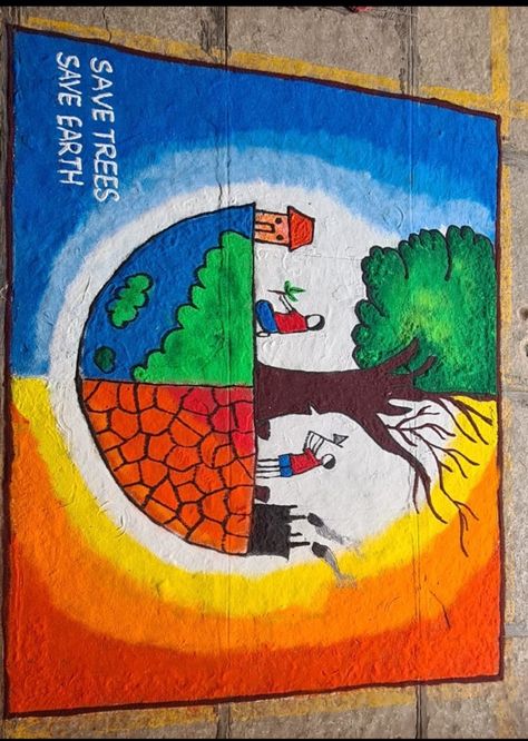 Save Earth Drawing Easy, Save Earth Rangoli, Theme Based Rangoli For Competition, Poster On Pollution, Save Energy Paintings, Earth Art Drawing, Save Tree Save Earth, Easy Nature Drawings, Rangoli Competition