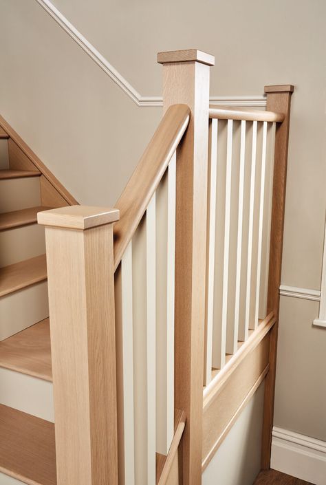 Stair Posts Banisters, Wood And White Stair Railing, Newel Post Makeover, Spindle Staircase, Newel Posts For Stairs, Spindles For Stairs, Wooden Staircase Railing, Wood Banister, Painted Staircase