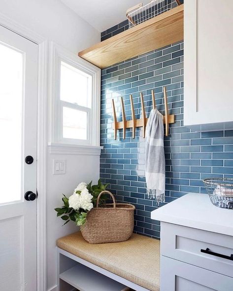 Heath Ceramics on Instagram: “How lovely is Heron Blue paired with natural tan textures via @tilemakestheroom? 2x6 Heron Blue is part of our In-Stock collection,…” Blue Subway Tile, Interior Simple, Mudroom Ideas, Laundry Ideas, Laundry Mudroom, Laundry Room Inspiration, Home Laundry, Mud Rooms, Laundry Mud Room