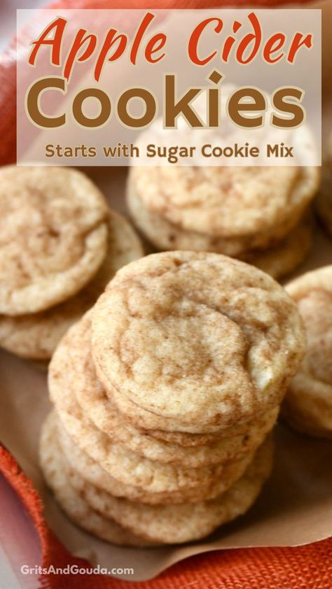 Apple cider cookies stacked on brown parchment. Cider Cookies, Betty Crocker Sugar Cookie Mix, Apple Cider Cookies, Apple Cider Drink, Spice Sugar Cookies, Apple Pie Cookies, Chocolate Chip Pudding Cookies, Sugar Cookie Mix, Apple Recipes Easy