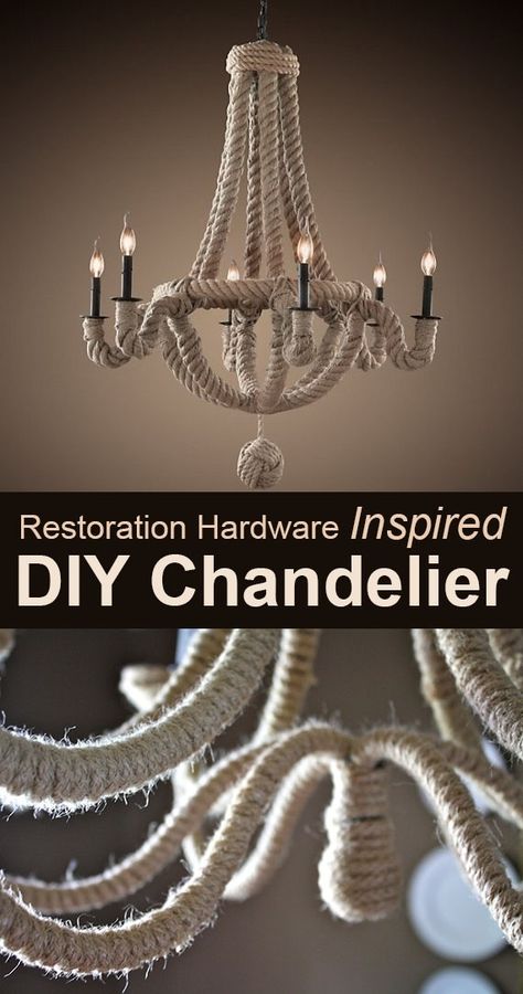 Wrap an existing chandelier in rope to replicate this Restoration Hardware lamp. | 35 Money-Saving Home Decor Knock-Offs Restoration Hardware Lamps, Chandelier Makeover, Diy Home Decor For Apartments, Rope Chandelier, Restoration Hardware Inspired, Diy Lampe, Diy Dining Room, Diy Chandelier, Shabby Chic Bedrooms