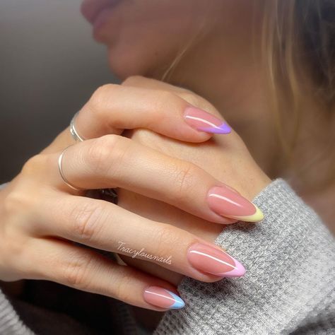 Multicoloured French Tip Nails, Pastel Almond Nails, Pastel French Tips, Pointy Almond, Almond Nails French Tip, Almond Nails French, Nails French Tip, Almond Nail, Tip Nails