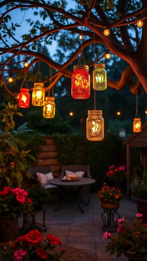 Upcycled Lanterns, Mason Jar Lights Diy, Jar Lights Diy, Lanterns In Trees, Outdoor Decor Ideas, Mason Jar Lights, Wooden Pallet Furniture, Outdoor Hanging Lanterns, Love Background Images