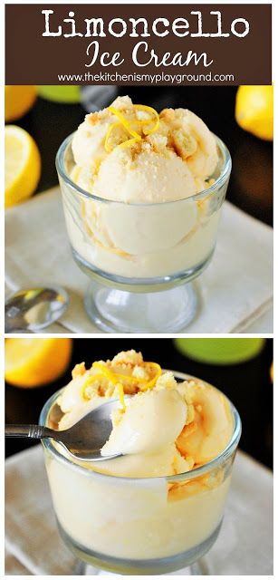 Easy Limoncello Lemon Ice Cream ~ 3 simple ingredients deliver up incredibly delicious lemony flavor!  {and no machine needed} #icecream #Limoncello #easyicecream #nochurnicecream  www.thekitchenismyplayground.com Lemoncello Dessert, Limoncello Ice Cream, Limoncello Desserts, Limoncello Recipe, Italian Ice Cream, Lemon Bar, Lemon Ice Cream, Lemon Ice, Homemade Snickers