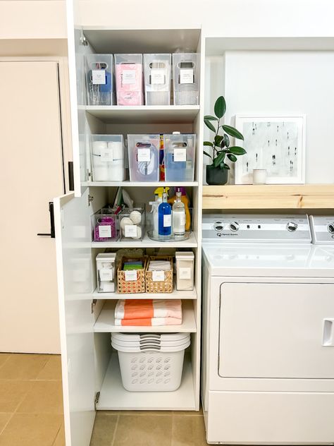 Deep Laundry Closet, Bleach Storage Laundry Rooms, Billy Bookcase Laundry Room, Laundry Cabinet Organization, Laundry Room In Kitchen, Laundry Closet Organization, Organized Laundry, Laundry Cabinet, Deep Closet