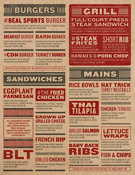 Art of the Menu: Real Sports Bar & Grill Seafood Market Design, Restaurant Moodboard, Trendy Restaurant, Menu Sans Gluten, Diner Menu, Country Pub, Pizza Branding, Grilled Food, Grilling Menu