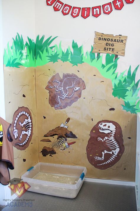 Paleontologist Preschool Activities, Dinosaur Stage Design, Dinosaur Preschool Decorations, Prehistoric Classroom Theme, Discovery Preschool Kindercare, Dinosaurs Classroom Decorations, Dinasour Classroom Decoration, Dinosaur Vacation Bible School, Dinosaur Classroom Theme Decor Preschool