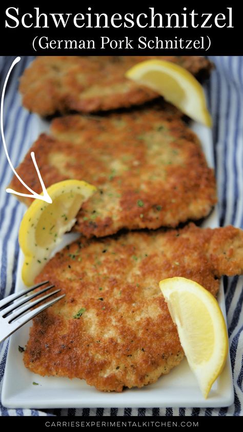 Schweineschnitzel or German Pork Schnitzel made with center cut boneless pork chops that have been pounded, breaded and fried. German Pork Chops Recipes, Easy Pork Schnitzel Recipe, German Style Pork Chops, Shnitzle Recipe Beef, Center Cut Boneless Pork Chop Recipes, Pork Snitzel Recipe Germany, Ribeye Pork Chops Recipes Boneless, Center Cut Pork Chop Recipes Boneless, Schnitzel Recipe Pork