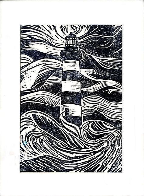 Lighthouse Lino Print, Lighthouse Linocut, Xilografia Ideas Faciles, Lighthouse In A Storm, Print Making Designs, Lighthouse Drawing, Woodblock Printmaking, Woodcut Illustration, Pen Art Work