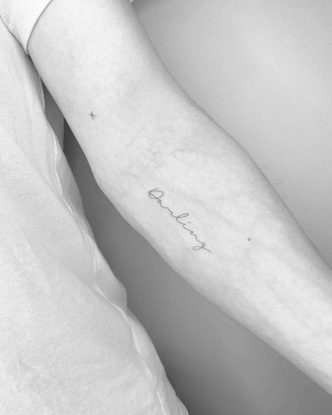 Forearm Letter Tattoo Women, Forearm Handwriting Tattoo, Darling Cursive Tattoo, Tattoo Inner Forearm Woman, Fine Line Script Tattoo Forearm, Darling Tattoo Words Fonts, Letter Tattoo Placement Ideas, Angel Energy Tattoo Cursive, My Darling Tattoo