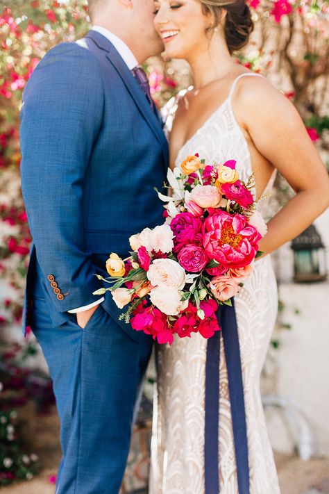 Boho Meets Art Deco Wedding Dress with a Bright Pink Bridal Bouquet Cabo Wedding Flowers, Korakia Pensione, Bright Pink Wedding, Bridal Bouquet Pink, Boda Mexicana, Viva Magenta, Creative Wedding Ideas, Bright Wedding, Palm Springs Wedding