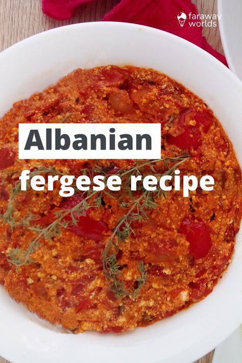 Fergese: Albanian peppers, tomatoes and feta Albanian Food Recipes, Albanian Food, Albanian Dishes, Albanian Traditional Food, Albanian Culture Food, Albanian Qofte Recipe, Byrek Albanian, Albanian Cuisine, Cottage Meals