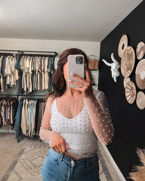 same outfit two ways 🤩🤍 we love this white tank by herself or underneath our lawton pearl mesh top! ✨ #westernfashion #bridalfashion #westernboutique #westernstyle #pearls #bride Sheer Pearl Top Outfit, Pearl Top Outfit, Pearl Mesh Top, Pearl Top, Western Boutique, Top Outfit, White Tank, Bridal Style, Western Fashion