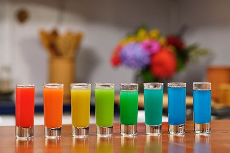 Rainbow Shots- #FlowerCocktail Hour - uBloom Bartending 101, Rainbow Shots, Orange Juice And Vodka, Pride Party, Sour Mix, Colorful Cocktails, Tequila Shots, Parade Float, Shot Recipes