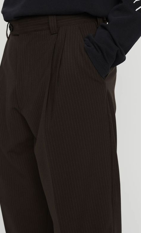 dark brown trousers with pinstripes, wool, menswear Pinstripe Pants Outfit Men, Dark Brown Trousers, Pinstripe Pants Outfit, Pinstripe Trousers, Pants Outfit Men, Brown Pinstripe, Trousers Men, Brown Trousers, Pinstripe Pants