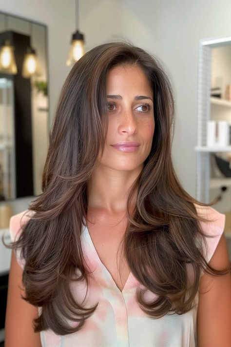 Woman with a sleek blowout featuring long layers for added volume. Blowout Hair Wedding, Long Blowout Hairstyles, Side Part Blowout, Volume Blowout, Dry Long Hair, Cutest Hairstyles, Sleek Blowout, Everyday Hair, Blowout Hair