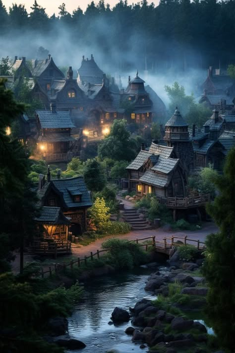 Mystical Kingdom Art, Dnd Concept Art Scenery, Medieval Fantasy Setting, Dnd Setting Art, Fantasy Forest Town, Medieval Fantasy City Art, Fantasy Places Mystic, Fantasy Village Art, Fantasy Village Concept Art