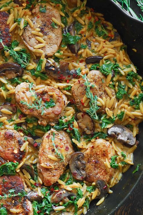 Creamy Pork Tenderloin Medallions with Orzo, Spinach, and Mushrooms - in a cast iron skillet. Pork Tenderloin In Tomato Sauce, Creamy Pork Tenderloin, Easy Pork Tenderloin Recipes, Orzo Spinach, Julia's Album, Ac Capacitor, Pork Tenderloin Medallions, Easy Pork Tenderloin, Pork Stir Fry Recipes